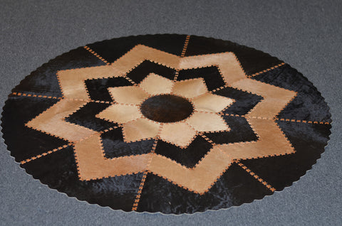 Rustic Cowskin Leather Cowhide Rug, Black and Beige, Round, 4' x 4'